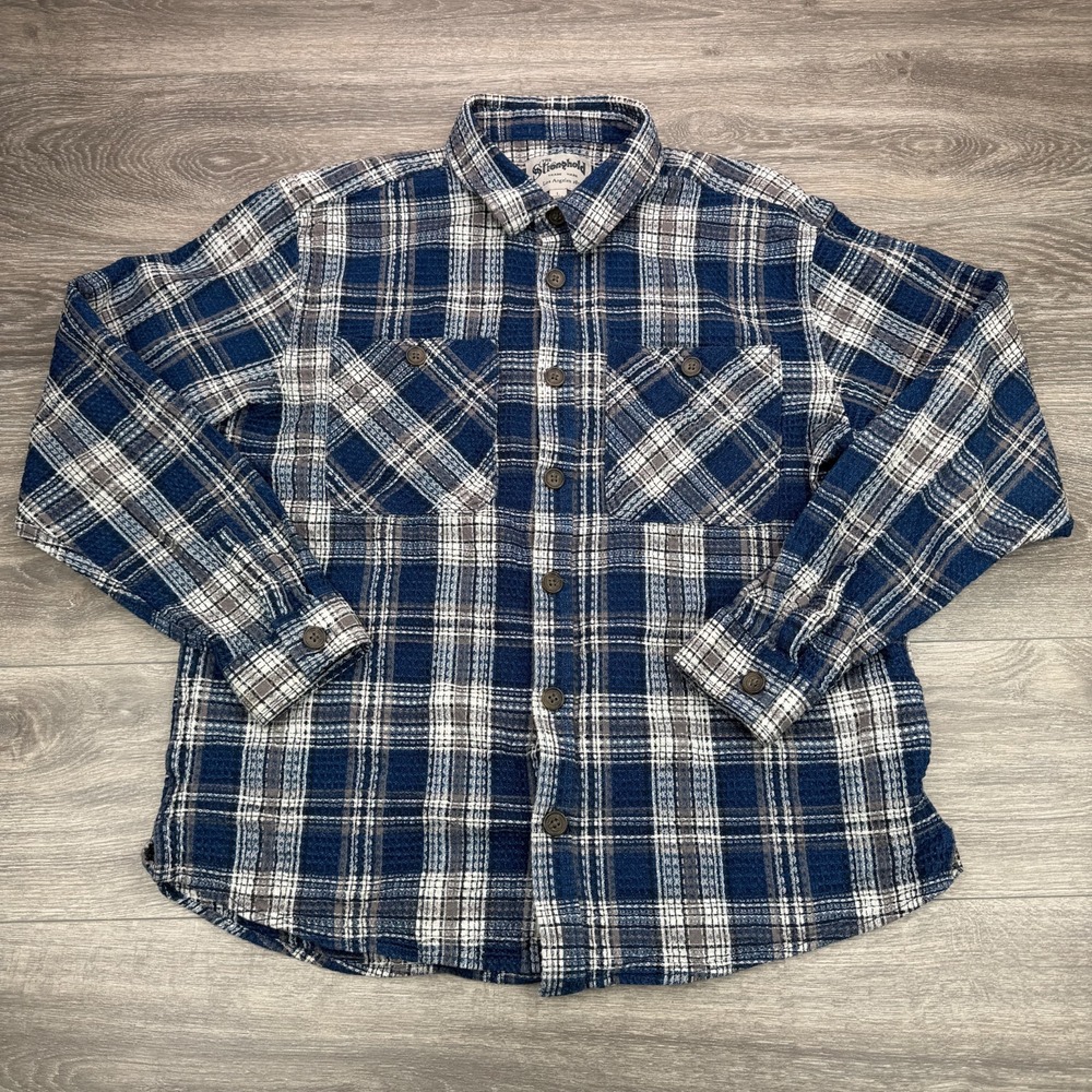 The Stronghold Shirt Mens Large Navy Blue Plaid Textured Double Pocket Overshirt